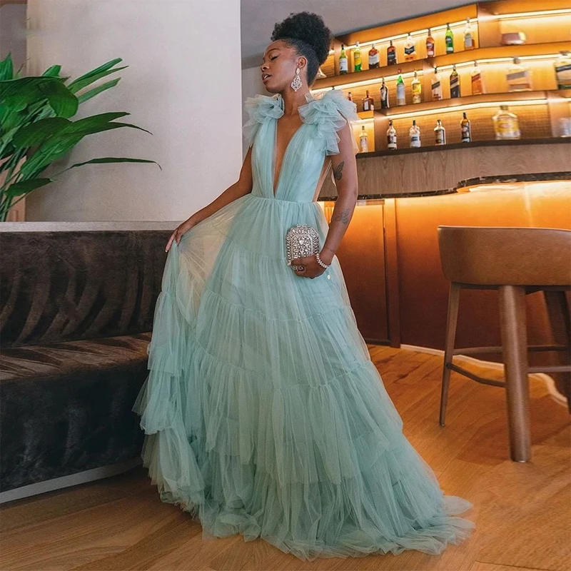 

Sage Green Sexy V-neck Evening Dress Sleeveless Prom Dress 2023 Multilayer Party Dress Tulle Floor Length فساتين مناسبة رسمية