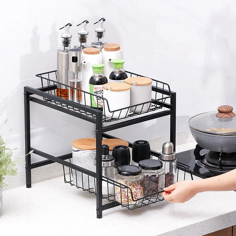 Stackable 2-Tier Kitchen Cabinet Organizer Under Sink Organizer Rack With Sliding Storage Basket Drawers, Black