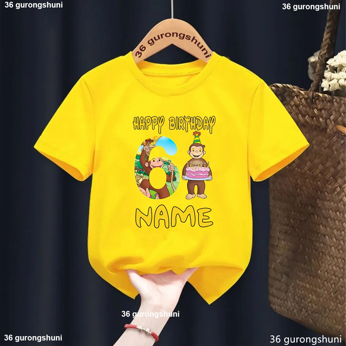 Фото Curious George Cute Monkey Print Одежда для мальчиков с героями мультфильмов 1, 2, 3, 4, 5, 6, 7, 8 9 лет Детская футболка с номером на день рождения Футболки для маленьких девочек №3