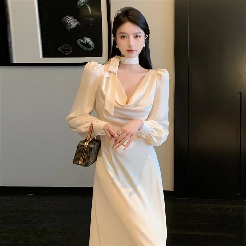 

French Fashion Elegant Lady A Line Party Dress V Neck Puff Sleeve Long Glossy Satin Dress High Waist Slim Evening Party Dress