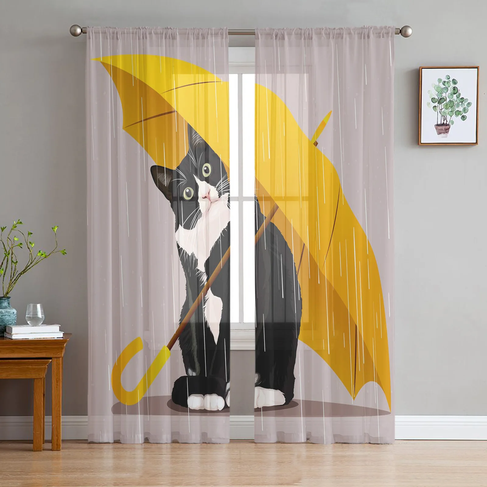 

Yellow Umbrella Cat Tulle Curtains for Bedroom Balcony Home Decor Sheer Curtain for Kitchen Living Room Windows Printed Drapes