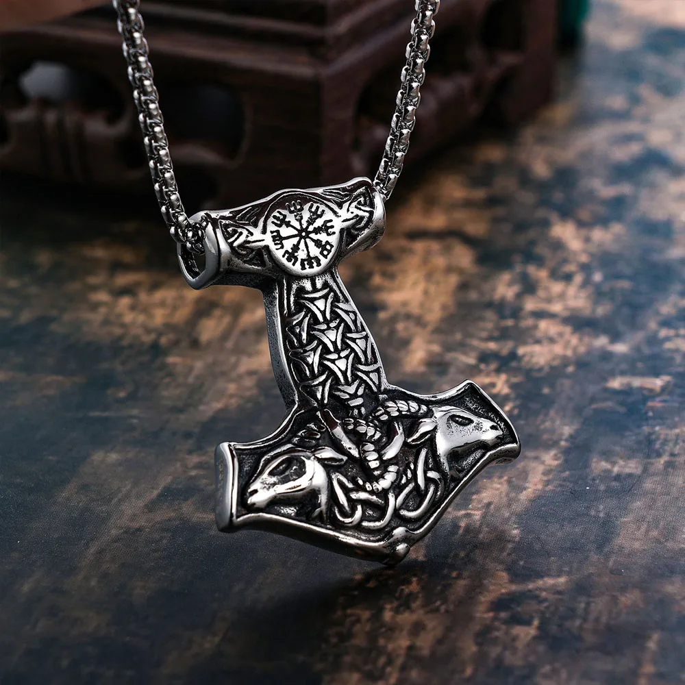 

New Nordic Stainless Steel Viking Mjolnir Rune Thor's Hammer Pendant Necklace Men Vintage Goat Totem Necklace Amulet Jewelry