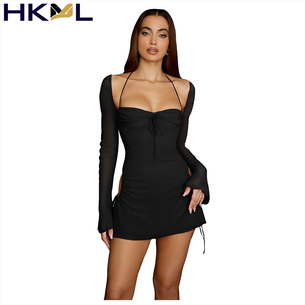 

Женское платье с квадратным вырезом, розовое Бандажное платье с вырезами и длинным рукавом, вечернее Клубное платье, 2022