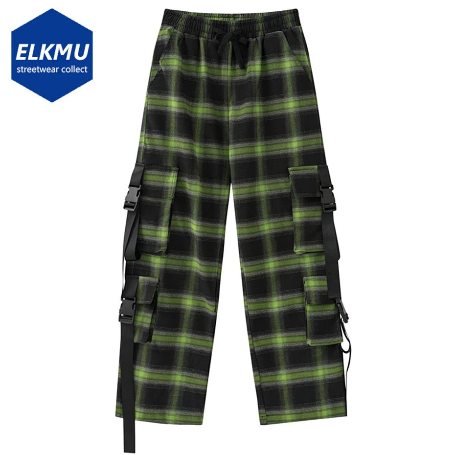 

Hip Hop Plaid Cargo Pants Streetwear Fashion Ribbons Pockets Pants Men's Harajuku Pants