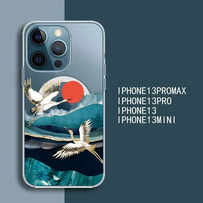

Chinese Style Red-Crowned Crane Phone Case For iPhone 13 12 Mini Pro Max transparent Super Magnetic MagSafe Cover