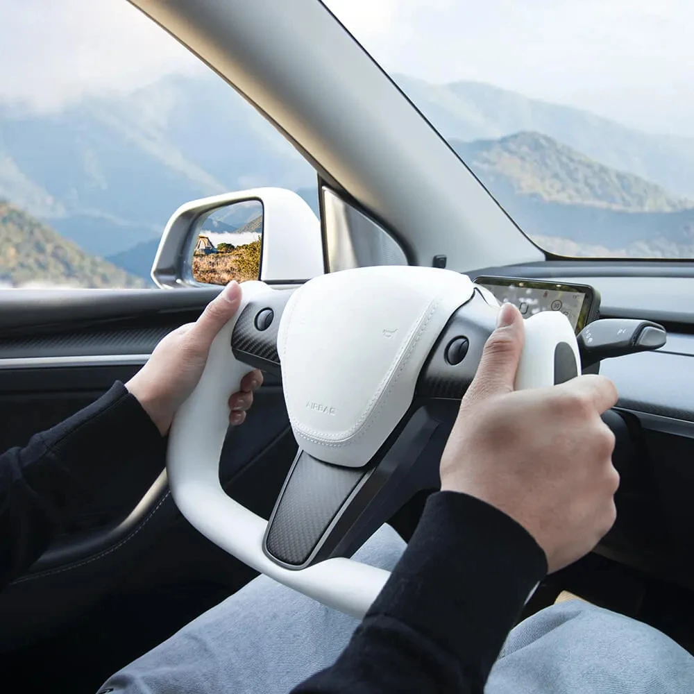 Фото Чехол на руль из настоящего углеродного волокна, сменные аксессуары для Tesla Model 3/Y, кожаная ручка-кошетка наппа с подогревом №3