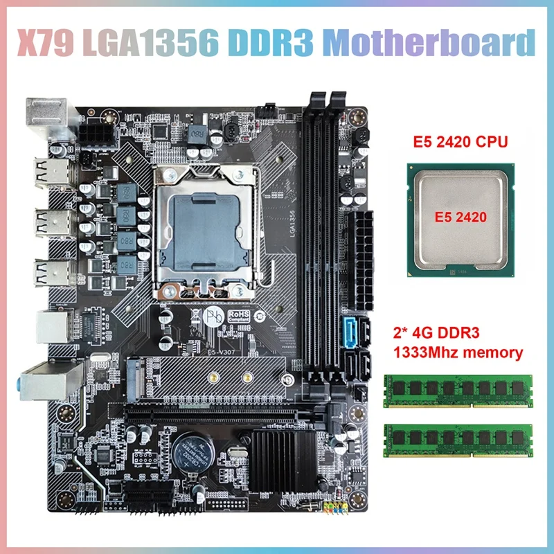 AU42 -X79 Desktop PC Motherboard Set+E5 2420 CPU+2X 4G DDR3 RAM M.2 NVME LGA1356 DDR3 Memory Slot SATA3.0 Gaming Motherboard