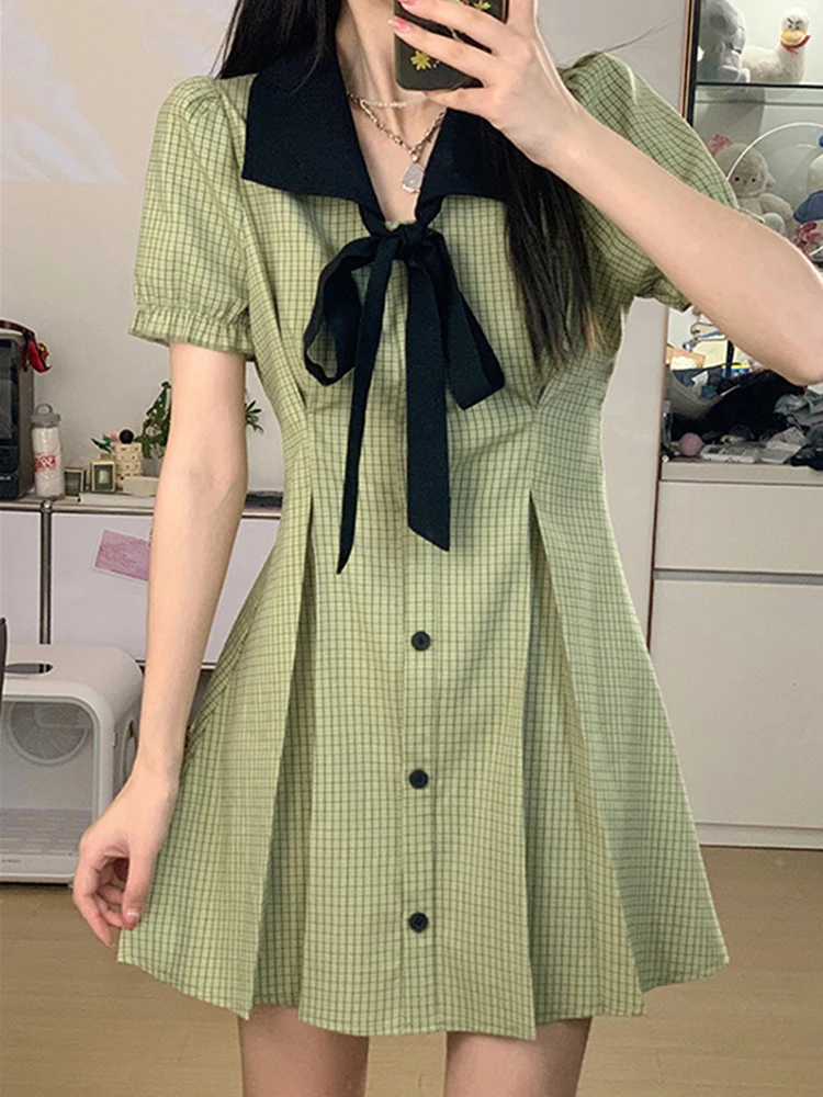 Летние платья для женщин 2022 года, сладкий зеленый клетчатый узелок с завязками, короткие рукава, мини-платье в стиле преппи с А-образным силуэтом.