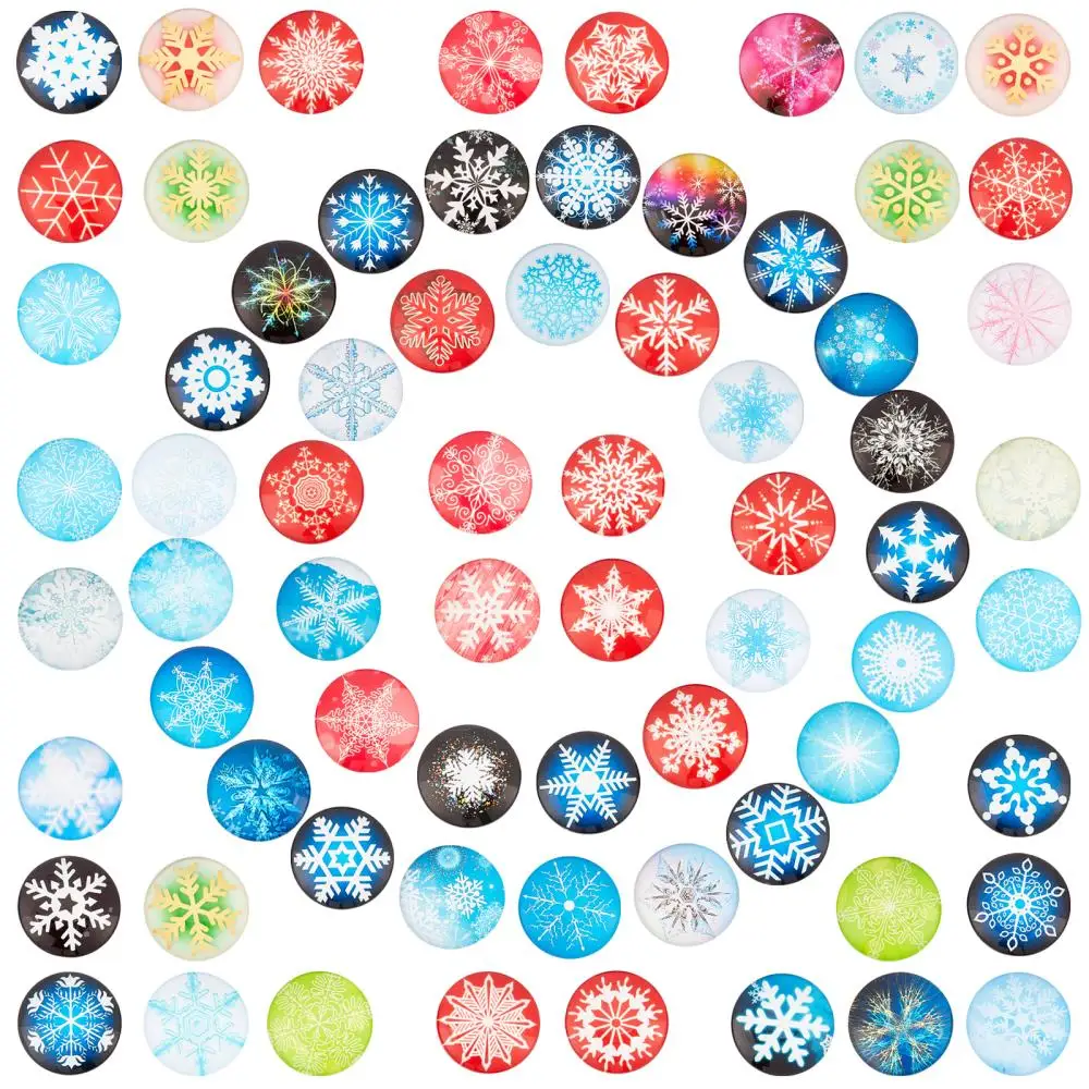 

70Pcs Colored Snowflake Pattern Glass Cabochons 25mm Dome Flatback Spacers for DIY Christmas Theme Jewelry Making Accessories