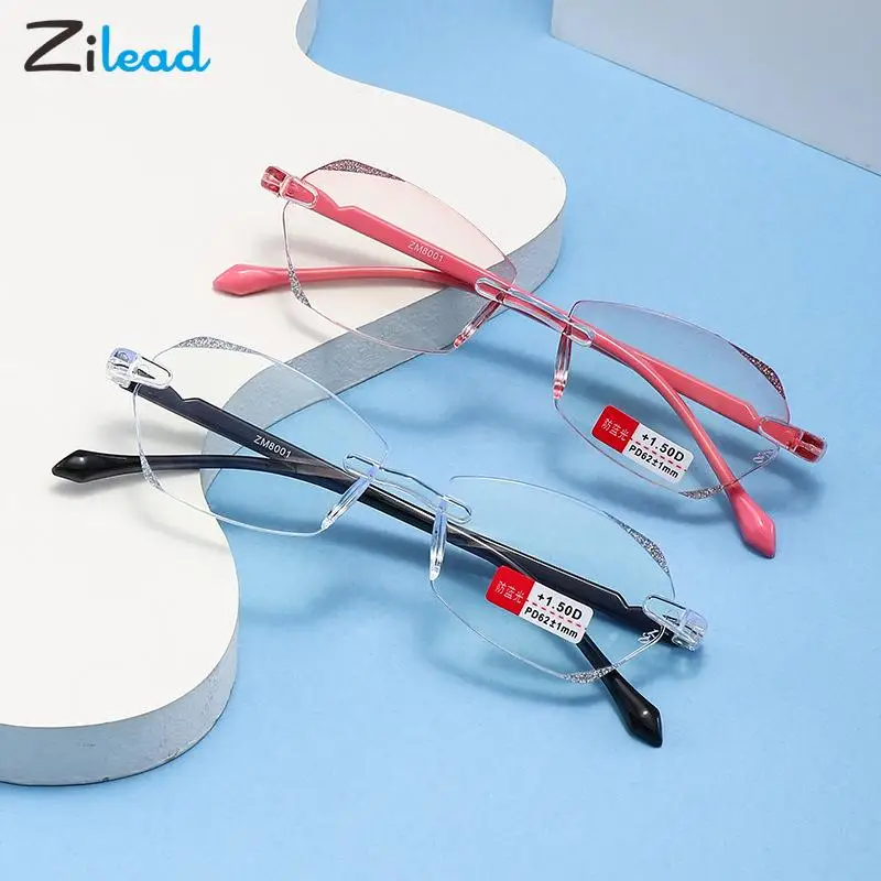 

Zilead Framless Reading Glasses Anti Blue Light Diamond trimming Clear Presbyopia Eyewear Women Men Hyperopia Eyeglasses 0+350