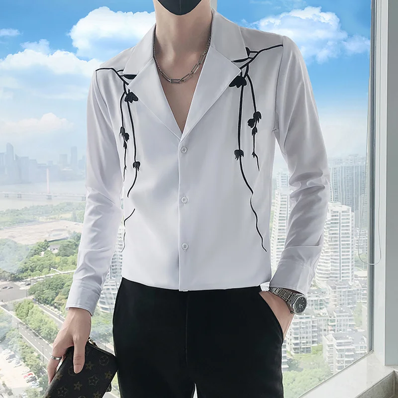 2022 Embroidery V-neck Men's Shirts Casual Business Dress Shirt Fashion Social Camisa Masculina Party Tuxedo Blouse Men Clothing