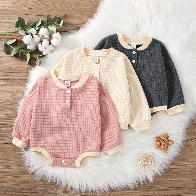 

Baby Boys Girls Romper Casual Simple Style Long Sleeve Contrast Color Buttons Round Neck Triangle Bodysuits Newborn 0-24 Months