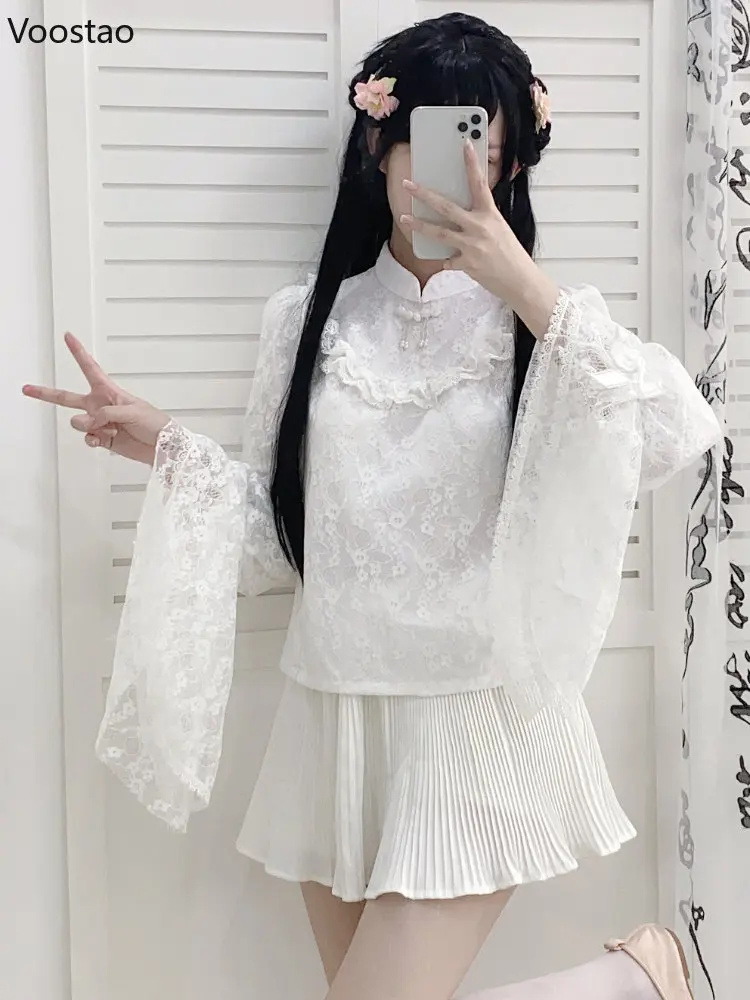 

Chinese Style Sweet Lolita Shirts Women Elegant Lace Flare Sleeve Gorgeous Blouses Girls Vintage Stand Collar Tops Blusas Mujer