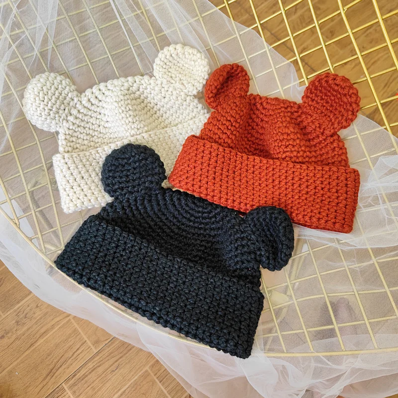 

Cute Cat Ear Wool Hat Women's Hand Knitted Knitted Hat Winter Versatile Korean Little Bear Ear Cold Hat Fashion