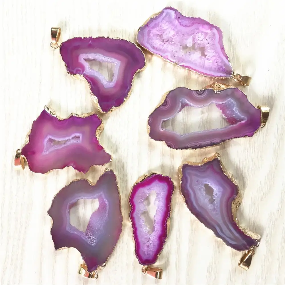 

Natural Stone Brazilian Electroplated Edged Slice Red Agates Pendants Open Geode Drusy Druzys Women Necklace Jewelry Making 5PCS