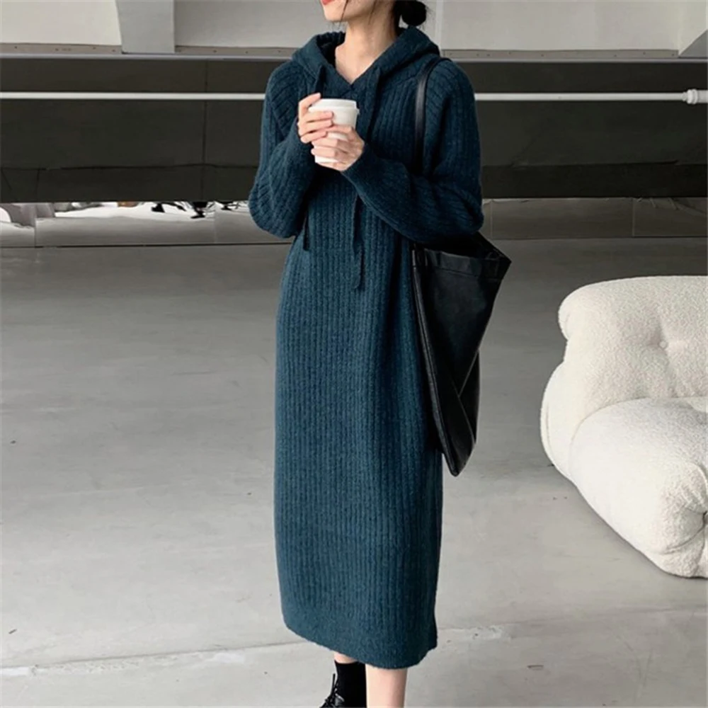 

New Autumn Winter Loose Hooded Sweater Dress Woman Long Knitted Dresses Female Fashion Elegant Chic Solid Clothes Ladies Vestido