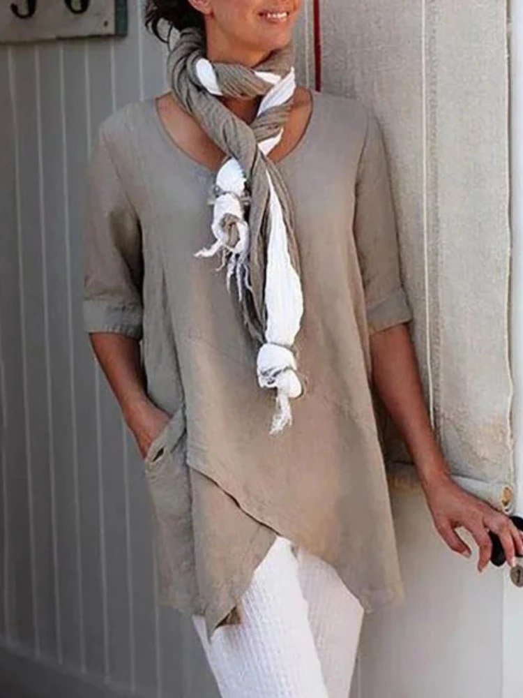 

Женские топы для отдыха блузки однотонные хлопковые Блузки Повседневная Свободная Асимметричная блузка с рукавом до локтя туники винтажны...