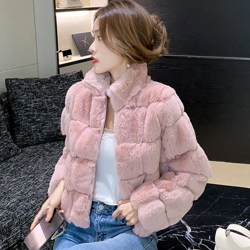 Parkas Women's Outdoors Coats Jackets 2022 Winter Faux Fur Rabbit Zipper Splicing Thickening Warm Cardigan Casual Jacket Woman