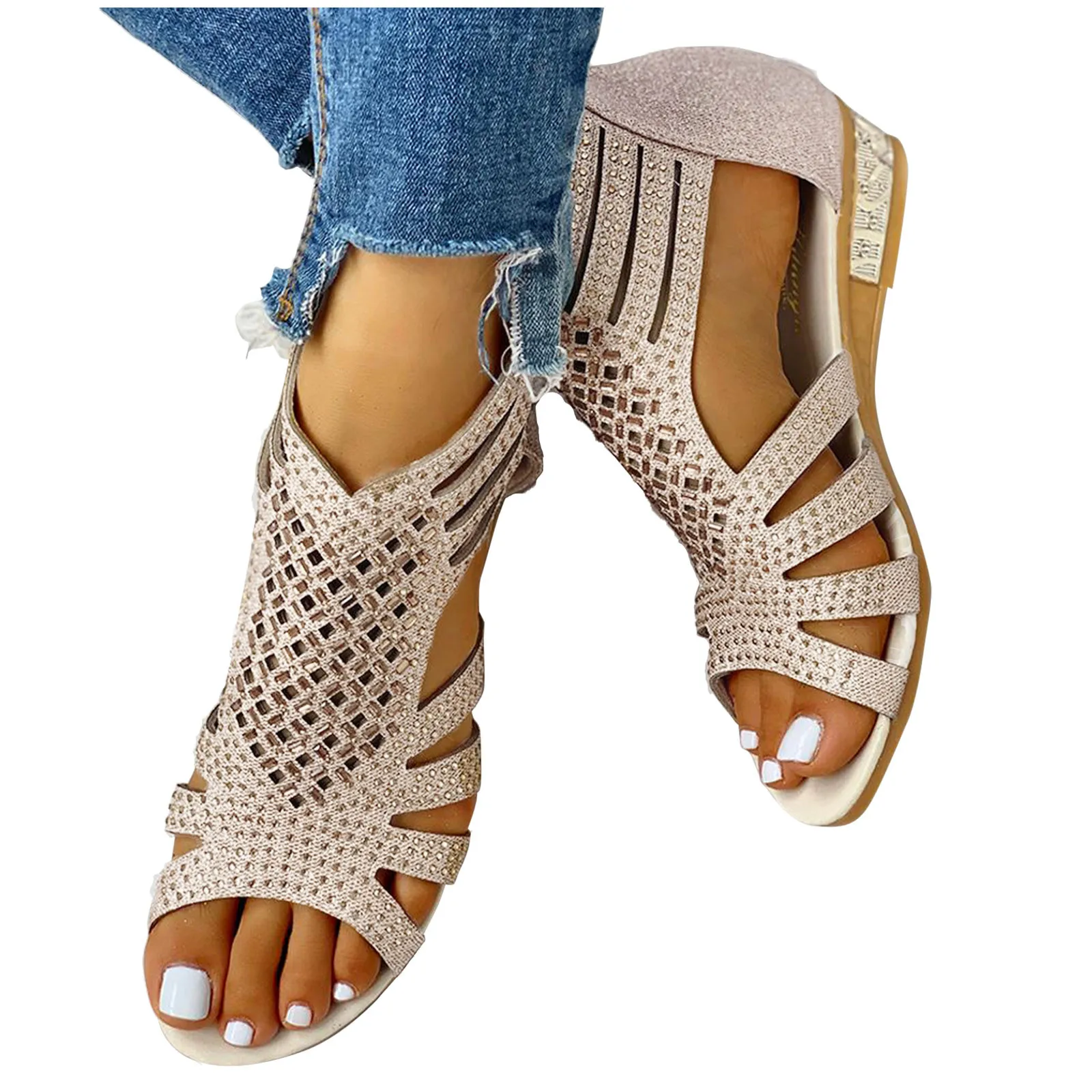 

Women's Fashion Vintage Crystal Outdoor Hollow Out Zip Up Sandals Shoes Ladies Fashion Boho Sandals Shoes Buckle Decor