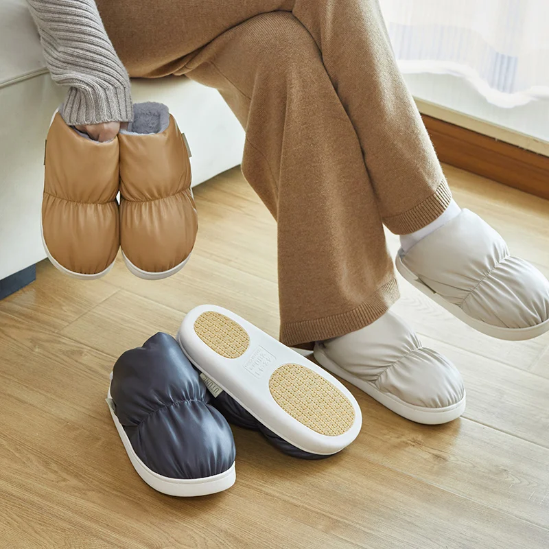 

UTUNE Winter Women PU Slippers Warm Thick Soft Sole Waterproof Non-slip Home Down Shoes Flat Platform Indoor Outdoor Heel Slides