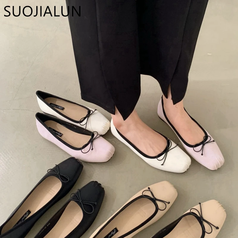 

SUOJIALUN 2023 Spring New Round Toe Women Flat Shoes Shallow Slip On Ladies Casual Ballerina Soft Ballet Flats Shoes Laofer
