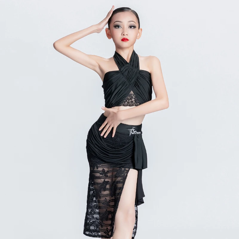 

Children'S Latin Dance Costumes Girls Black Halterneck Top Lace Skirts Suit Rumba Tango Latin Dance Competition Clothing DN12196