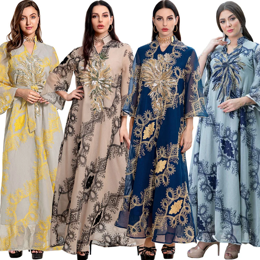 

2022 New Fashion Women Muslin Dress Floral Printing Patchwork Long Sleeve Loose Abaya Mid-east Elegant Lady Muslin Dress Autumn