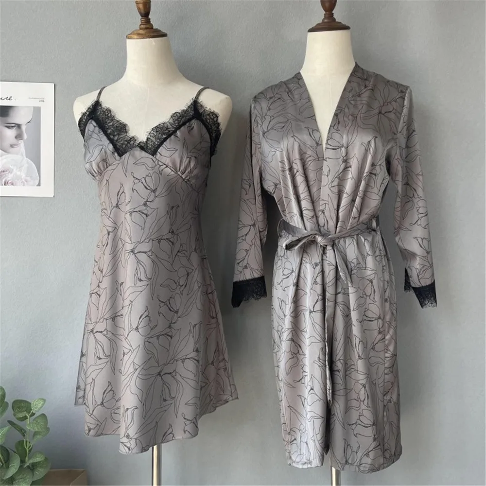 

Sexy Floral Printed Satin Robe Nightdress Set Kimono Bath Gown Bride Bridemaid Wedding Bathrobe&Spaghetti Strap Sleepwear