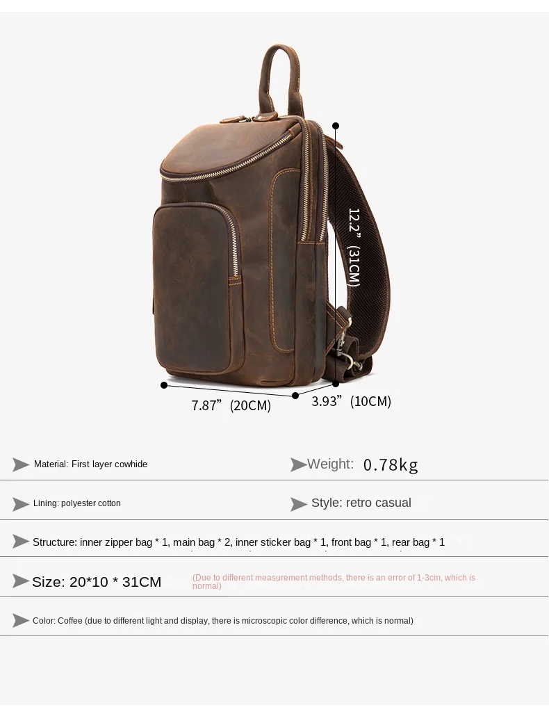 Crazy Horse Skin Men's Chest Bag Retro Large Capacity One Shoulder Crossbody Bag Head Layer cowhide men's leather Chest Bag W106
