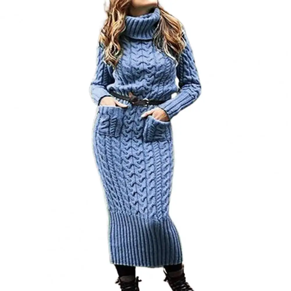 

2022 Autumn Sweater Dress Women Mid-calf Length Slim Fit Turtleneck Knitting Pockets Keep Warm Elastic Lady Sweater Dress