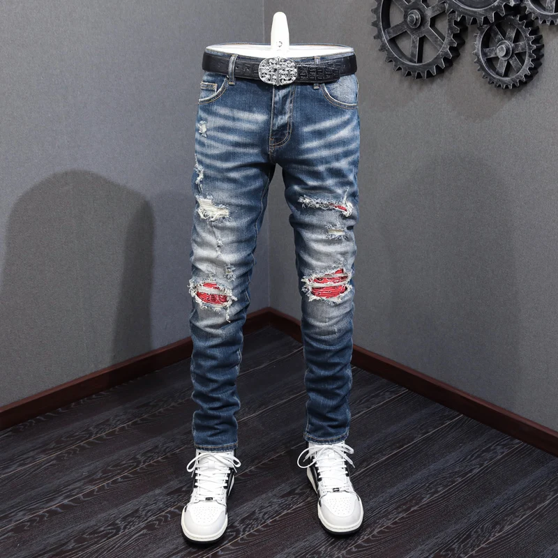 High Street Fashion Men Jeans Retro Blue Elastic Stretch Skinny Ripped Jeans Men Red Patched Designer Hip Hop Brand Pants Hombre