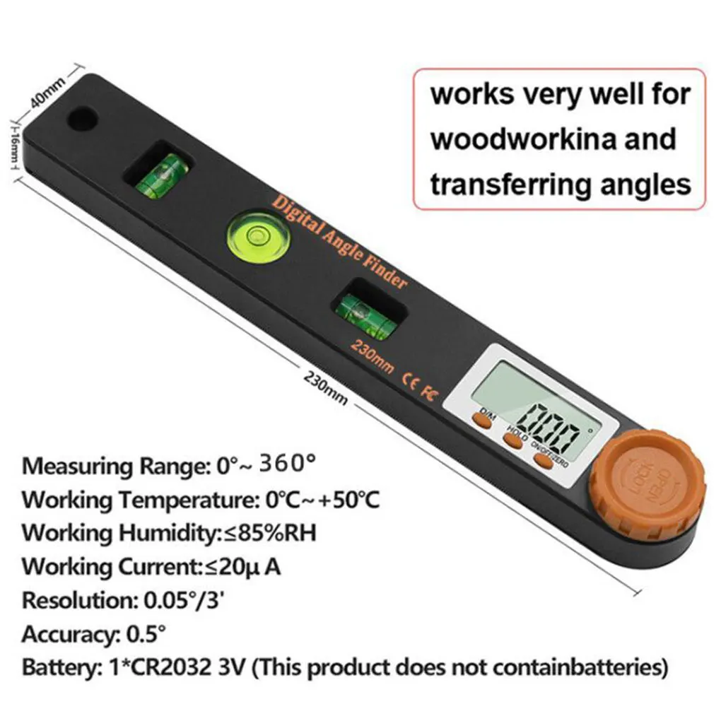 

Digital Protractor 0-360 Degree Battery Powered Woodworking Angle Ruler