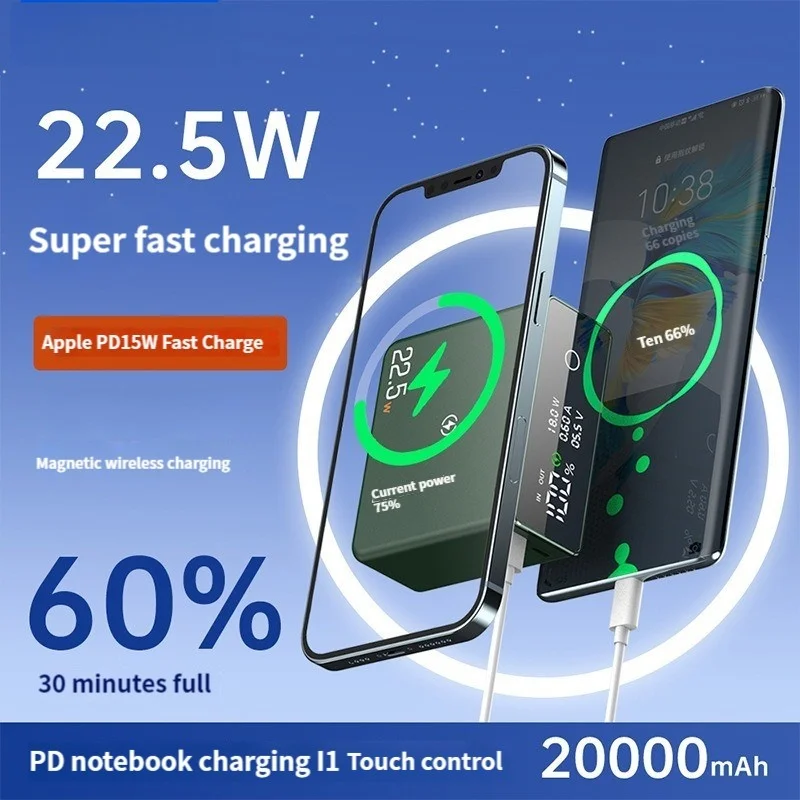 PD20W Magnetic Wireless Power Bank 20000mAh Fast Charging External Battery For Iphone 1413Pro Portable Digital Display Powerbank