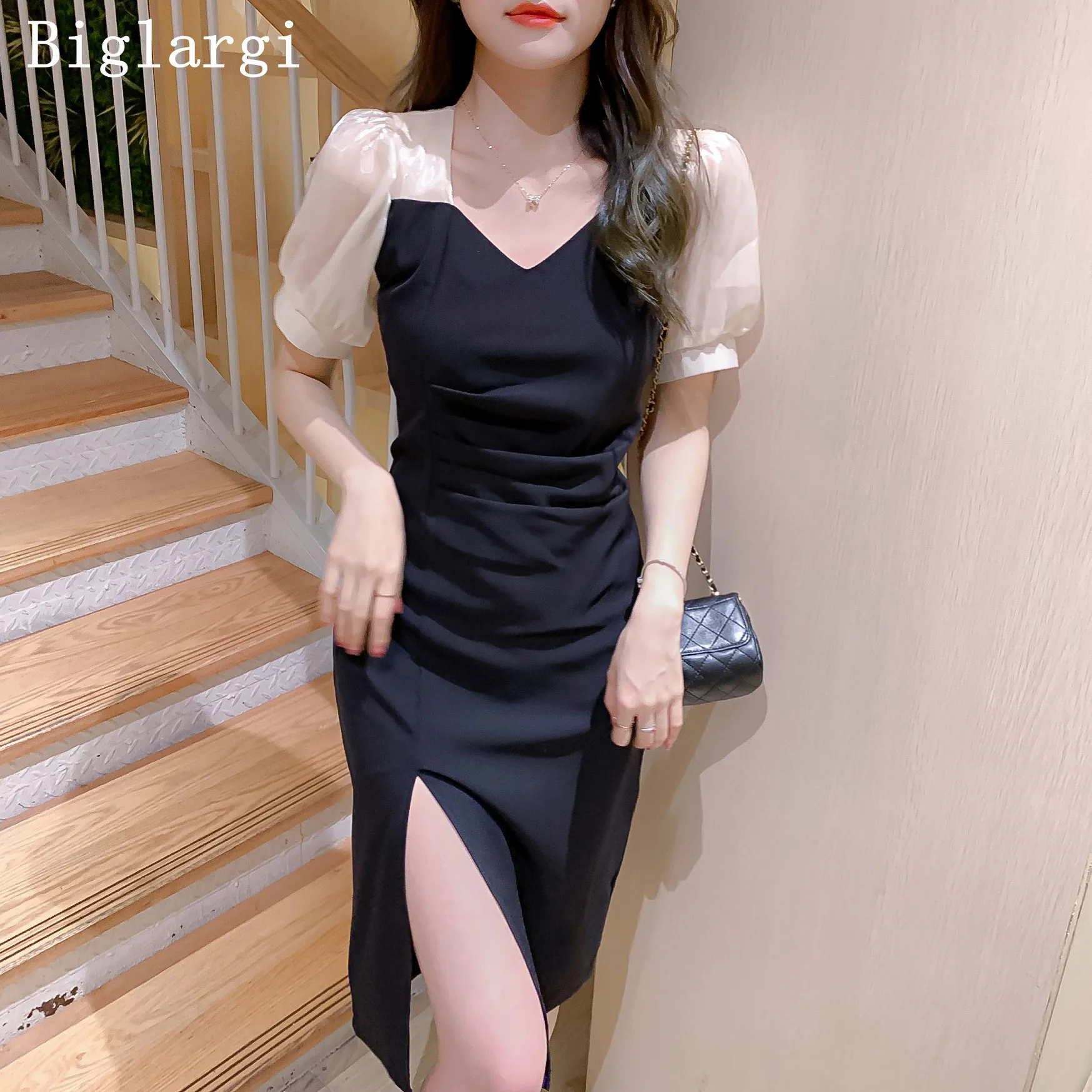

Puffer Sleeve Vintage French Elegant Midi Dress Women Dress Female Sweet Party One Piece Dresses Korean Black