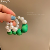 south korea new geometric pearl green beads hoop earrings for women s925 silver needle retro little refreshing earrings jewelry