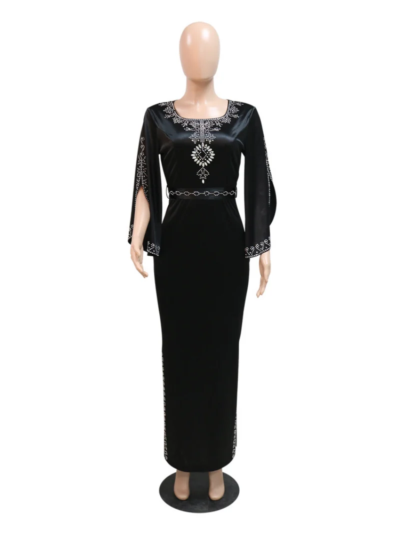 Evening Party Dress Diamonds Muslim Women Abaya Split Slim Vestidos Dubai Arab Turkey Ramadan Abayas Caftan Kaftan Eid Elegant