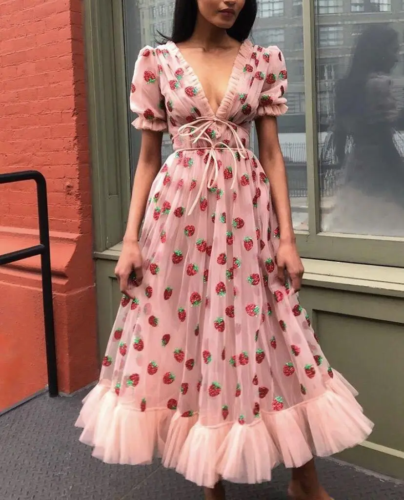 

Women Chic Princess Dress Strawberry Sequin Mesh Embroidery Lace-Up Puff Sleeve V-Neck Elastic Waist Tutu Fairy Dress 2022 New