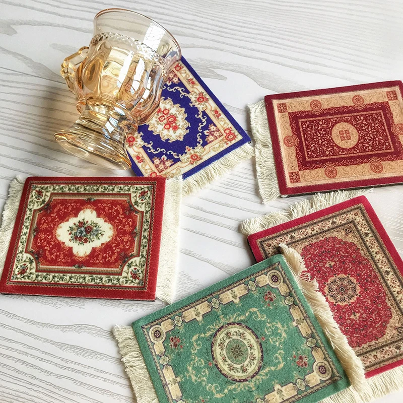 

New Mini Woven Rug Mat Mousepad Retro Style Carpet Pattern Cup Laptop PC Mouse Pad With Fring Home Office Table Decor Craft
