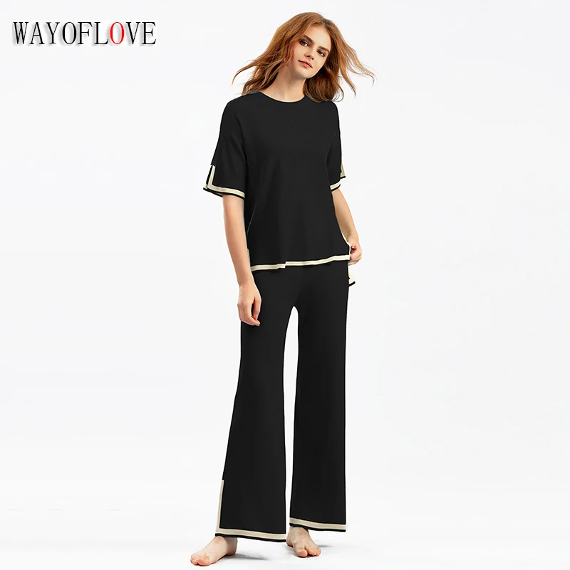 

WAYOFLOVE Knitted Sweater Women Two Pieces Sets Spring Autumn O-Neck Loose Pullovers Sweater Tops & Wide-Leg Pants Knitwear Suit