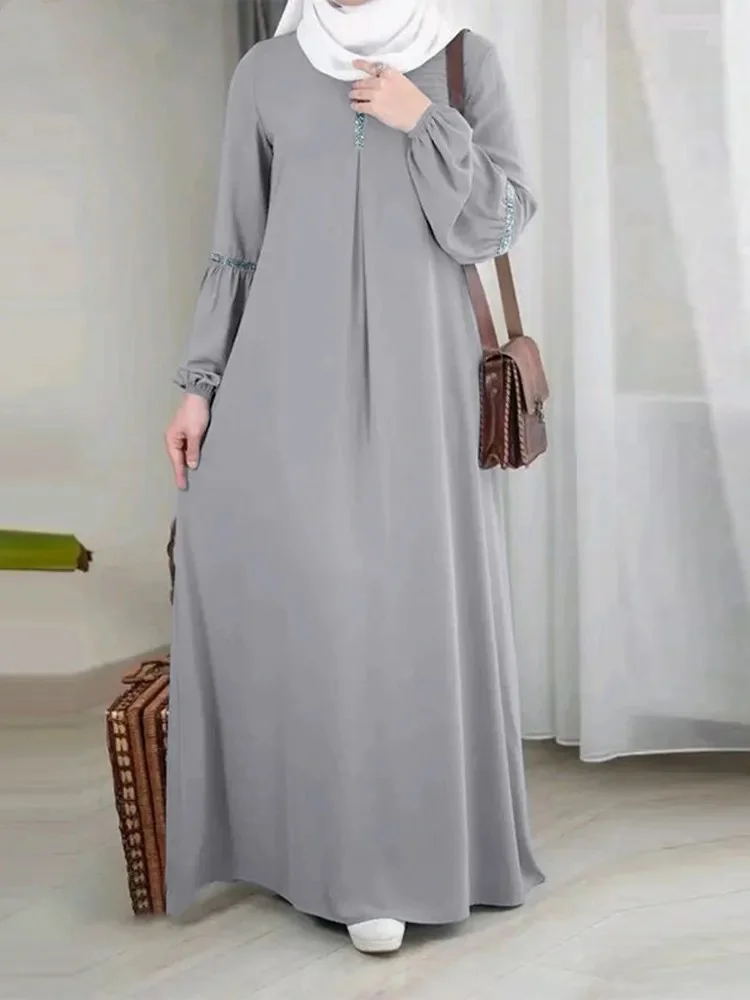 Fashion Muslim Abaya Moroccan Casual Sequins Dress Women Sundress Solid Party Holiday Vestido Long Sleeve Islamic Clothing Eid
