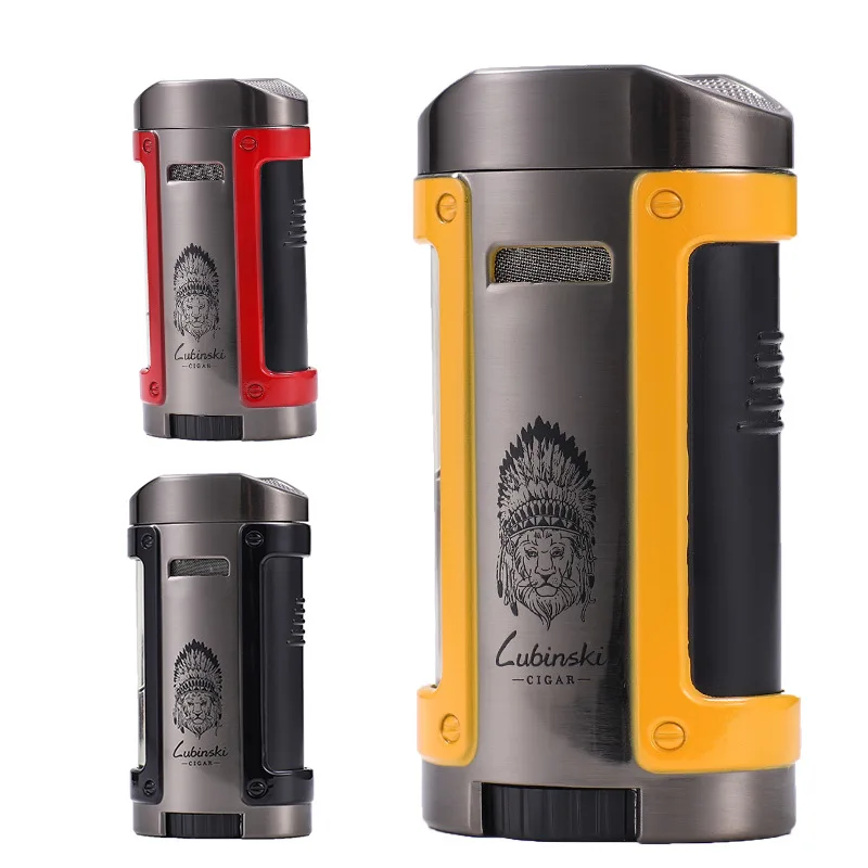 

Lubinsky Luxury Metal Leather Outdoor Venture Windproof Cigar Lighter Four Nozzles Jet Turbo Lighter Inflatable Smoking Lighters