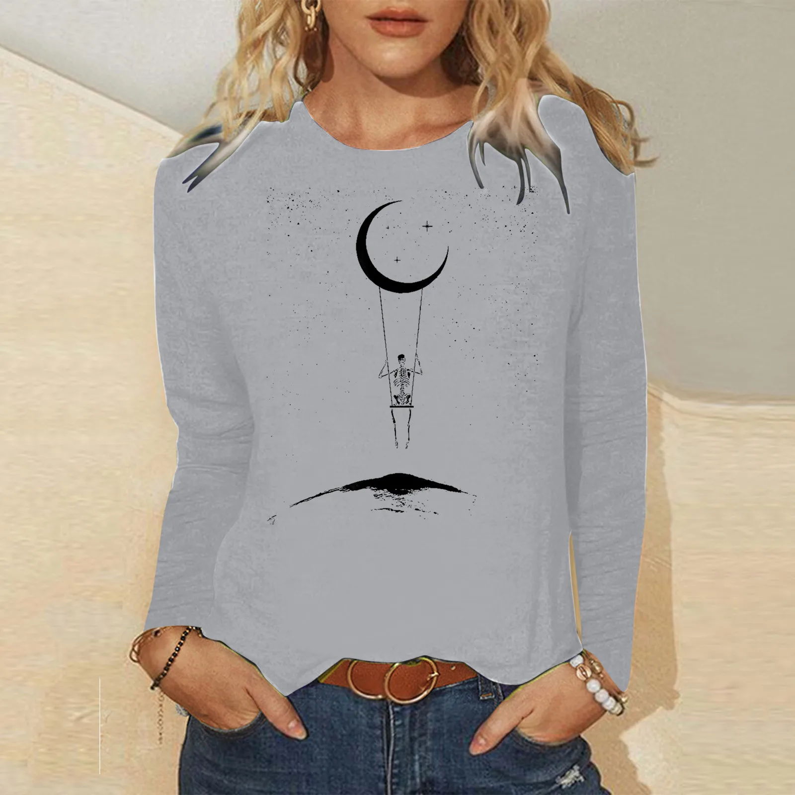 

Women Casual Letters Printing Daily Shirts Round Neck Long Womens Jean Shirt Short Sleeve Metallic Clothes Women Lady Fitted Top