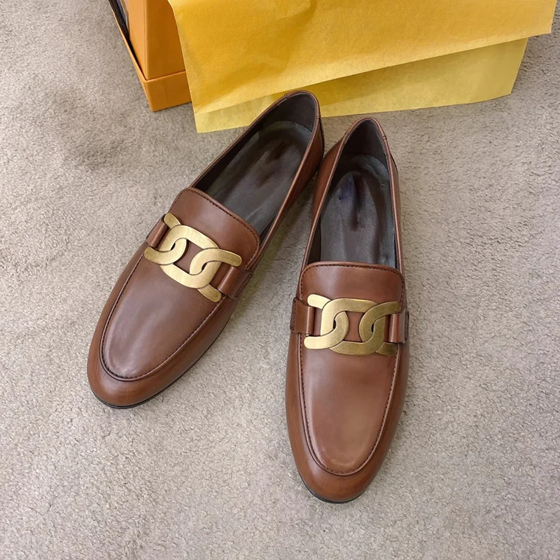 Single Shoes 2023 Autumn Buckle British Style Small Leather Shoes Women Retro One Pedal Flat Loafers