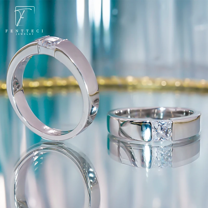 FENTTECI S925 Sterling Silver AAAAA Zircon Men's Diamond Ring Wedding Ring Square Stone Couple's Ring For Men Boyfriend Gift