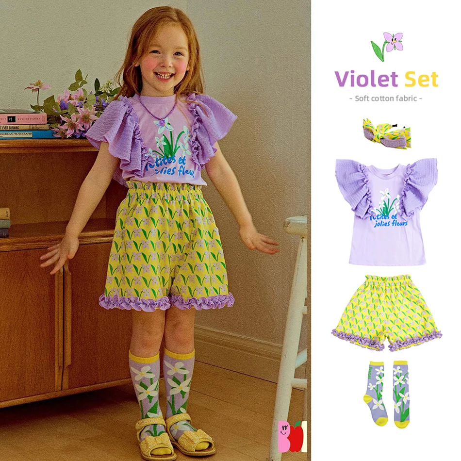 

Summer Bebebe Violet Clothes Set For Girl Korean Series Cute Suits Newborn Short Sleeve Tees And Shorts Children Sweet Clothing
