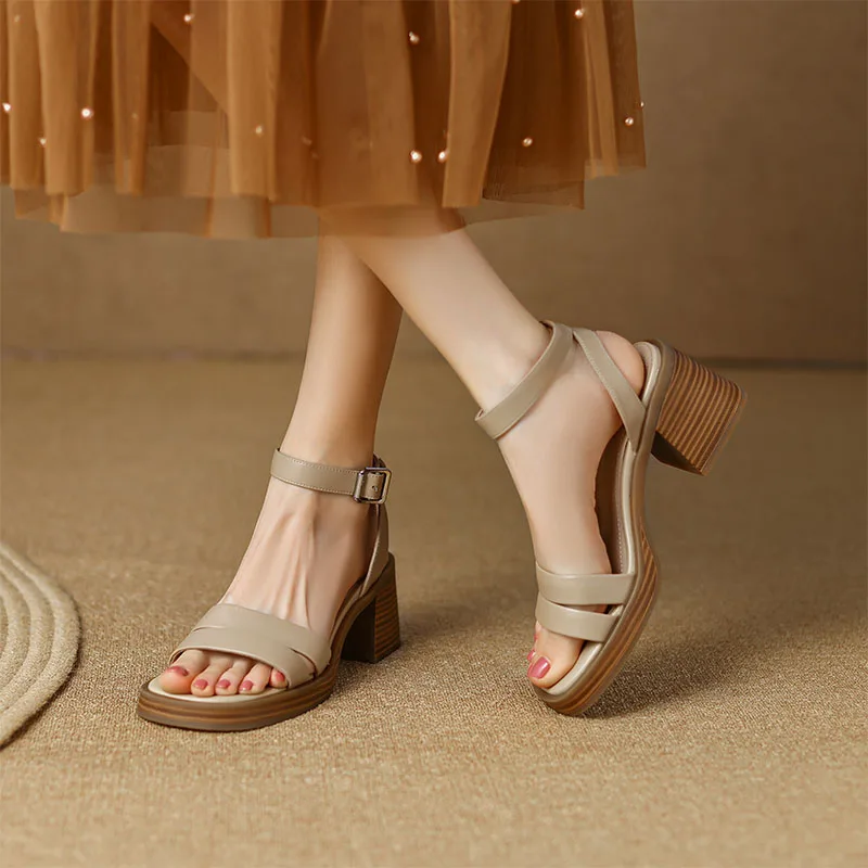 Karley Genuine Cow Leather Women Platform Sandals New 2023 Summer High Chunky Heeled Sandal Ankle Strap Ladies Beige Brown