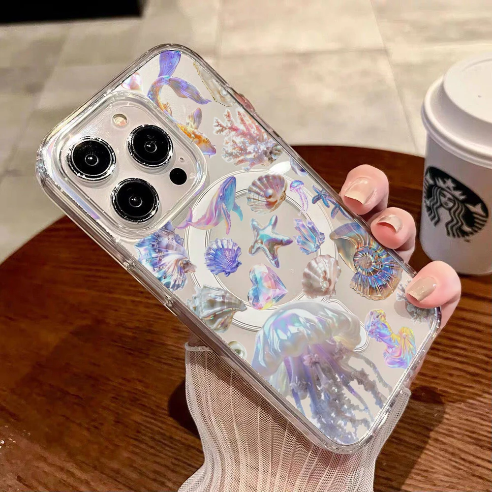 Фото Эстетичный чехол для телефона с подводным принтом «Русалка» для iPhone 17 Air, 15, 16, 14, 12, 13, 11 Pro Max, 16, 17 E, 14, 15, 16 Plus, магнитный чехол №2