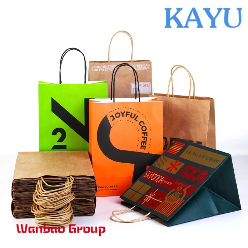 Custom brown kraft paper bag with handle, eco friendly flat handle food delivery bag, restaurant takeout takeaway bag for food