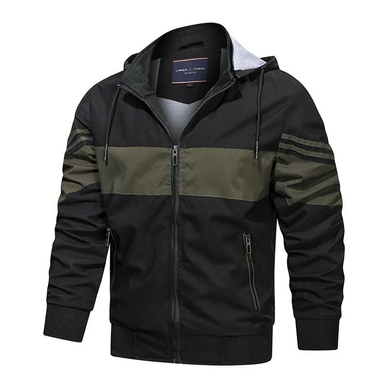 

Spring Autumn Bomber Jacket Men Stripe Patchwork Coat Streetwear Mens Outdoor Windproof Jackets Fashion Casual Hooded Outwear