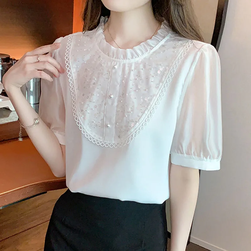 Женская шифоновая блузка с коротким рукавом и оборками модель J758 на лето